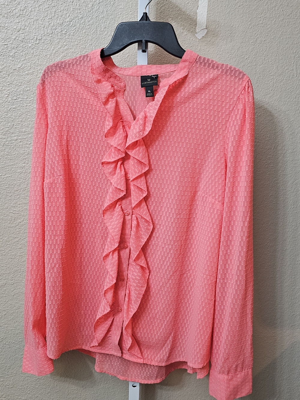 Worthington Coral Pink Ruffle Front Button-Down Blouse XL